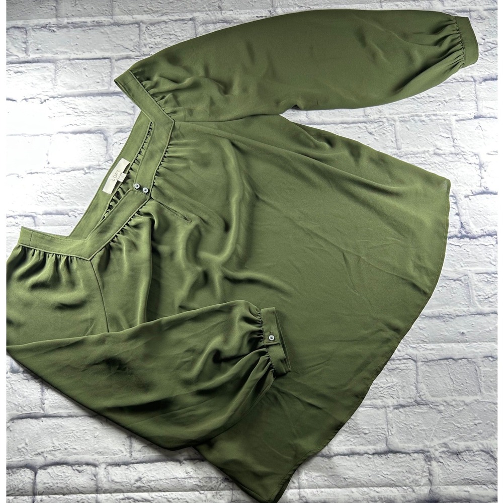 Loft Womens Blouse Large Olive Green Square Neck Long Sleeve Flowy Pleated Top